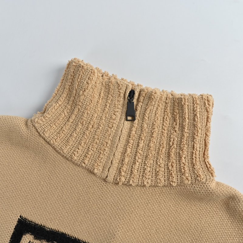 Beige Ribbed Cardigan with Black Geometric Intarsia view