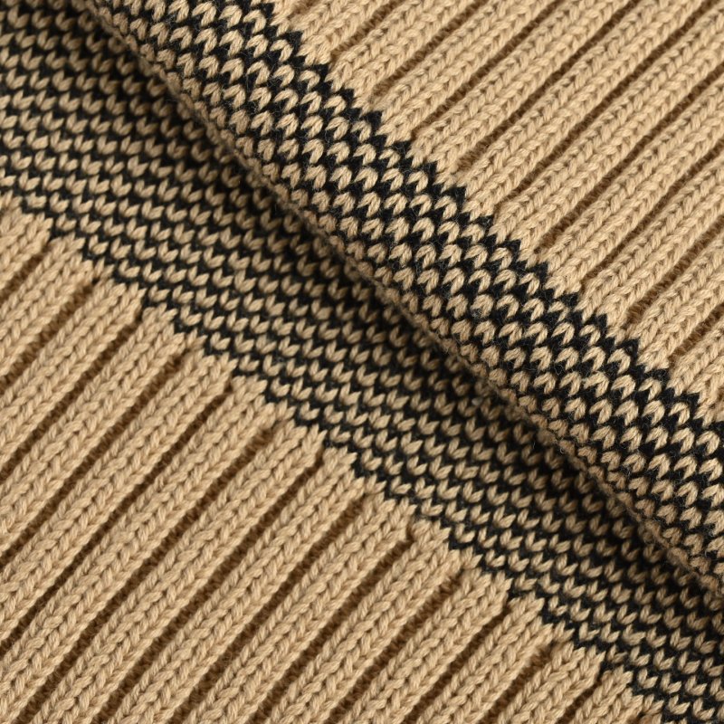 Beige Ribbed Cardigan with Black Geometric Intarsia view