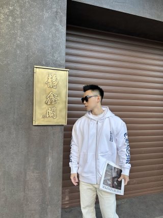 Chrome Hearts White Zip Hoodie with Gothic Sleeve Print view 3