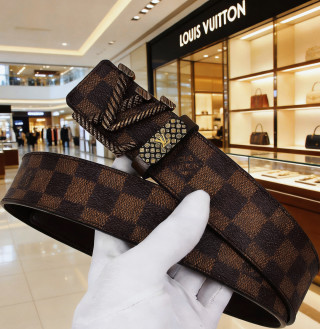 Louis Vuitton Damier Ebene Leather Belt with Gold Studded Buckle