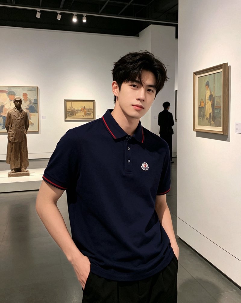 Moncler Navy Polo Shirt with Red Stripe Trim