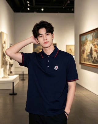 Moncler Navy Polo Shirt with Red Stripe Trim view 2