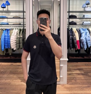 Moncler Navy Polo Shirt with Red Stripe Trim view 3