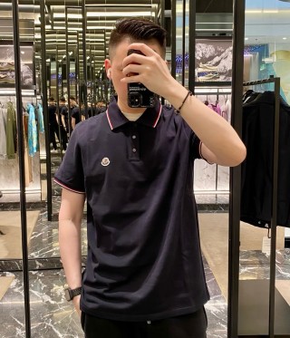 Moncler Navy Polo Shirt with Red Stripe Trim view 4