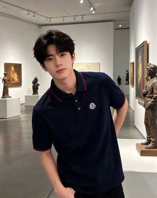 Moncler Navy Polo Shirt with Red Stripe Trim view 7