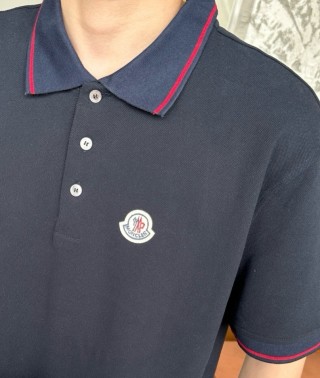 Moncler Navy Polo Shirt with Red Stripe Trim view 9