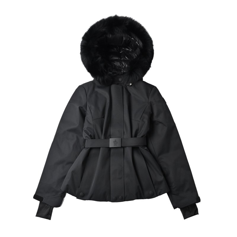 Black Puffer Down Jacket with Fur Hood and Waist Belt view