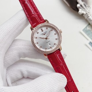 Longines Diamond Bezel Red Leather Strap Watch