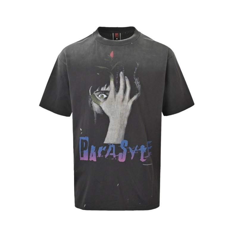 Vintage Black Graphic Portrait T-Shirt with Neon Text view