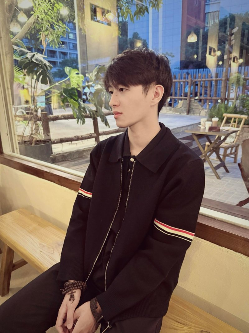 Black Zip-Up Jacket with Striped Sleeves
