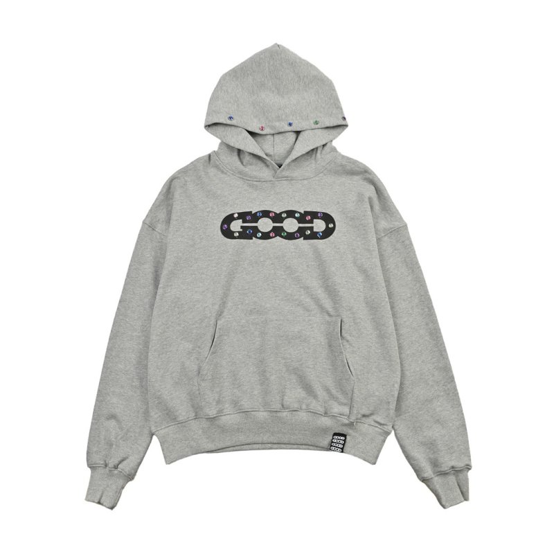 Gray Graphic Hoodie with Colorful Embellished Design view