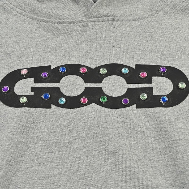 Gray Graphic Hoodie with Colorful Embellished Design view