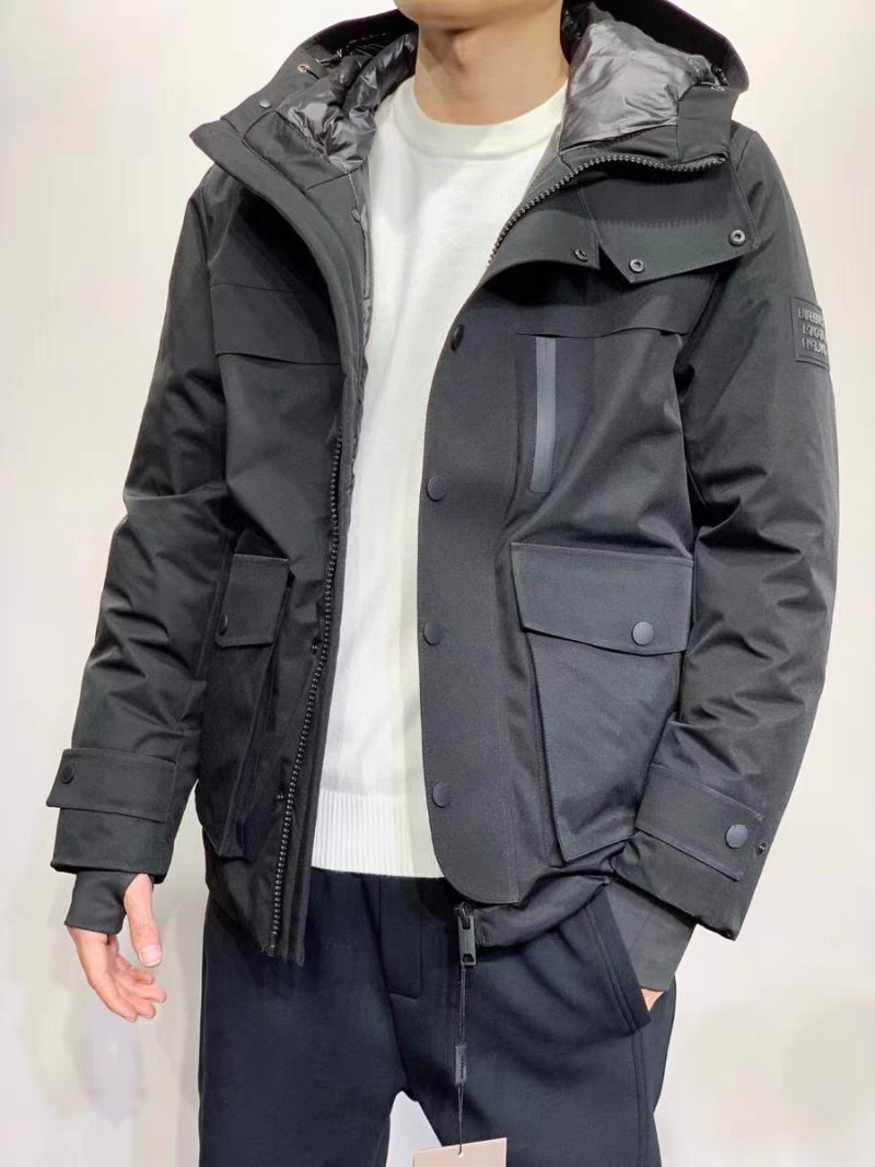 Black Hooded Down Jacket with Cargo Pockets