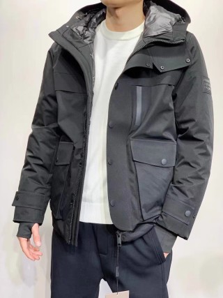 Black Hooded Down Jacket with Cargo Pockets