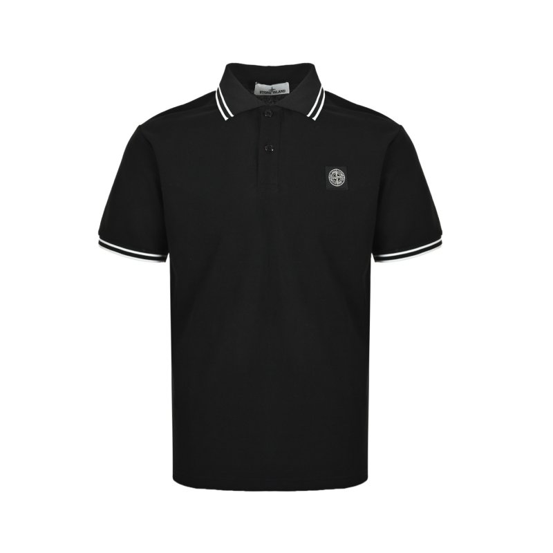 Stone Island Black Polo Shirt with Striped Collar view