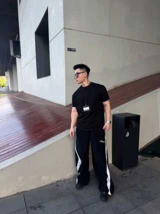 Black Track Pants with White Side Stripe view 2
