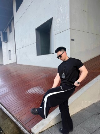 Black Track Pants with White Side Stripe view 6