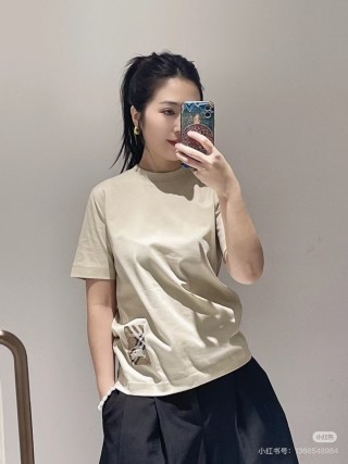 Cream Short Sleeve T-Shirt with Checkered Detail view 2