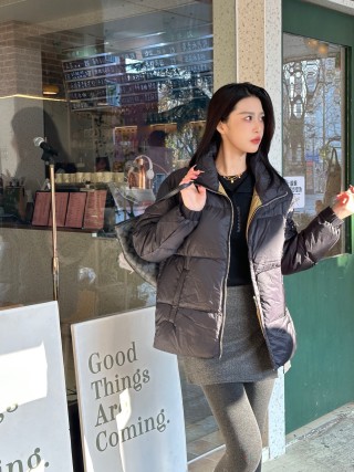 Black Puffer Down Jacket with Gold Trim