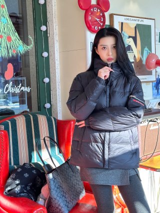Black Puffer Down Jacket with Gold Trim view 8