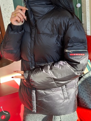 Black Puffer Down Jacket with Gold Trim view 9
