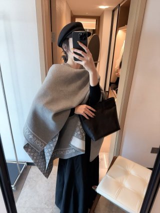 Louis Vuitton Monogram Wool Cashmere Blend Cape Scarf Grey view 3