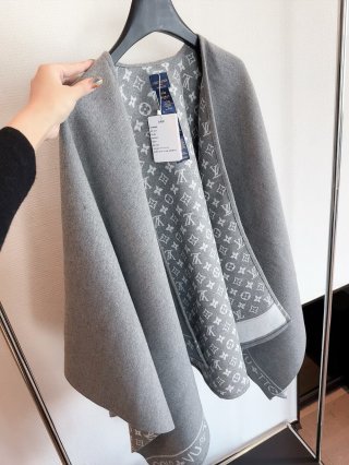 Louis Vuitton Monogram Wool Cashmere Blend Cape Scarf Grey view 5