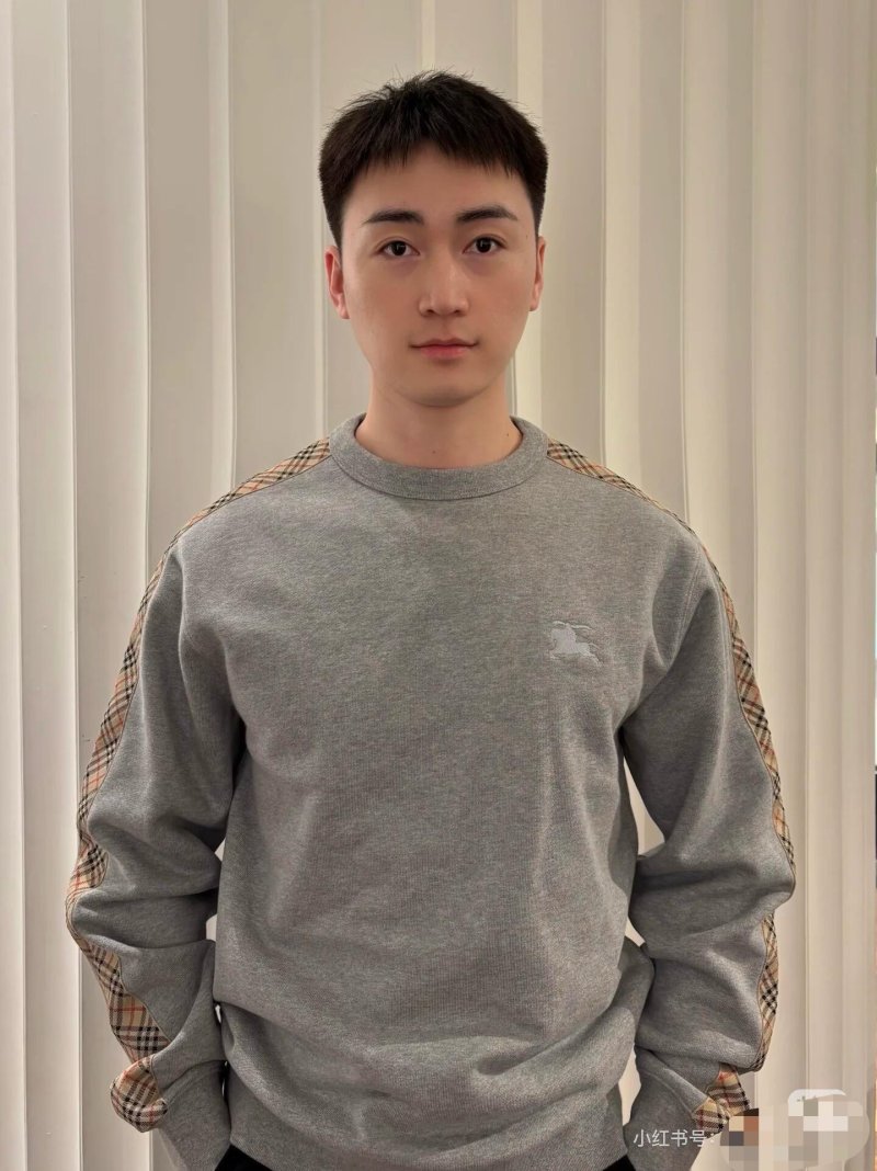 Burberry Check Sleeve Grey Crewneck Sweatshirt