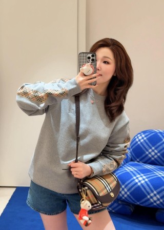 Burberry Check Sleeve Grey Crewneck Sweatshirt view 4