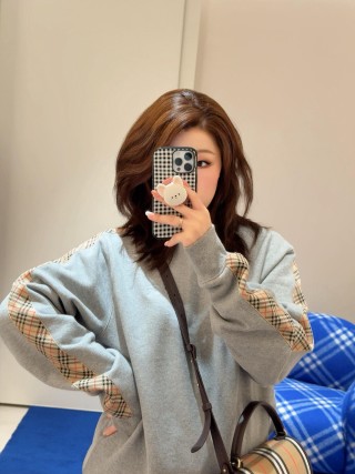 Burberry Check Sleeve Grey Crewneck Sweatshirt view 6