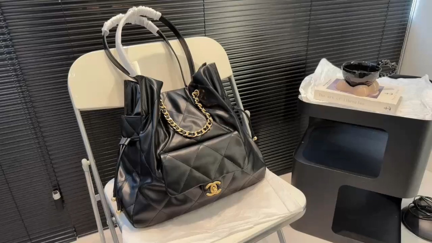 Chanel Black Quilted Leather Tote with Gold Chain