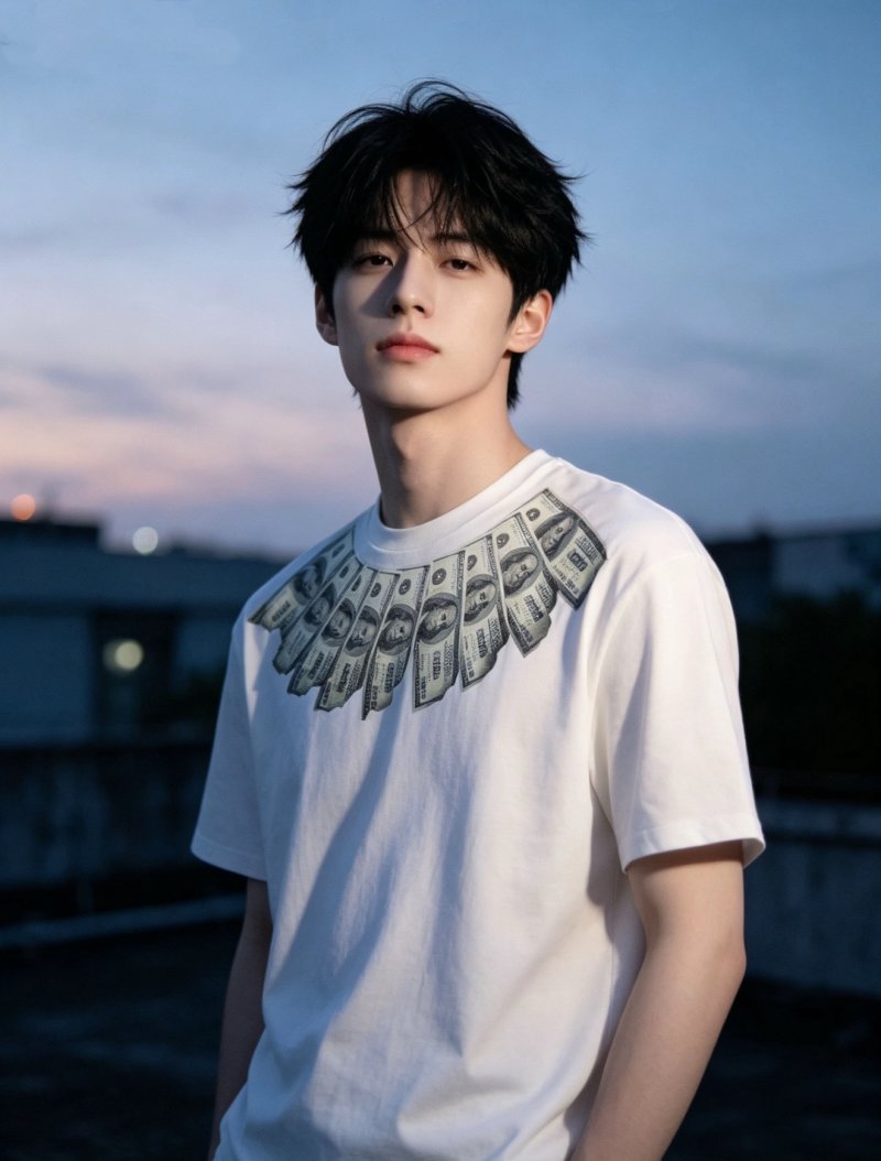 White T-Shirt with Money Wing Chest Graphic Print
