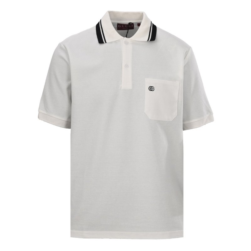 White Short Sleeve Polo Shirt with Striped Collar view