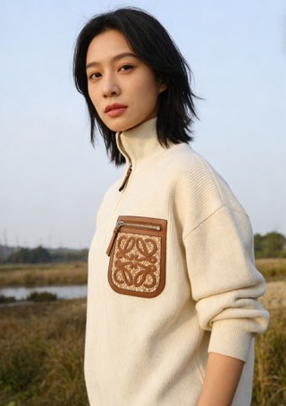 Cream Ribbed Half-Zip Sweater with Leather Pocket Detail view 4