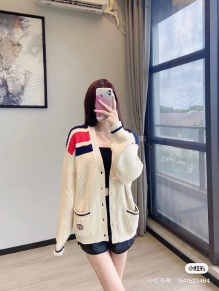 Gucci Cream Wool Cardigan with Red & Navy Stripes