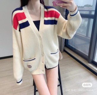 Gucci Cream Wool Cardigan with Red & Navy Stripes view 2