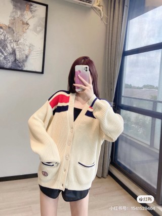 Gucci Cream Wool Cardigan with Red & Navy Stripes view 4