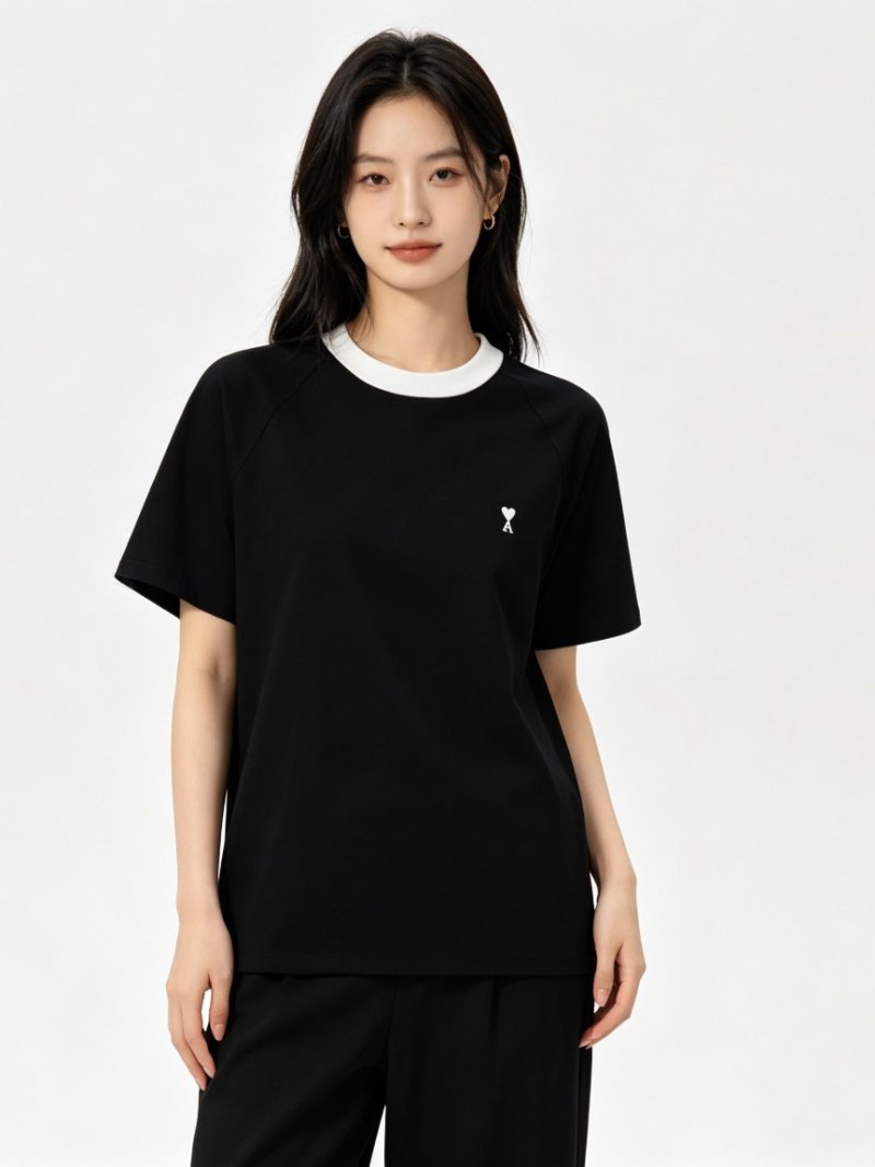 Ami Black Ringer T-Shirt with Heart Logo