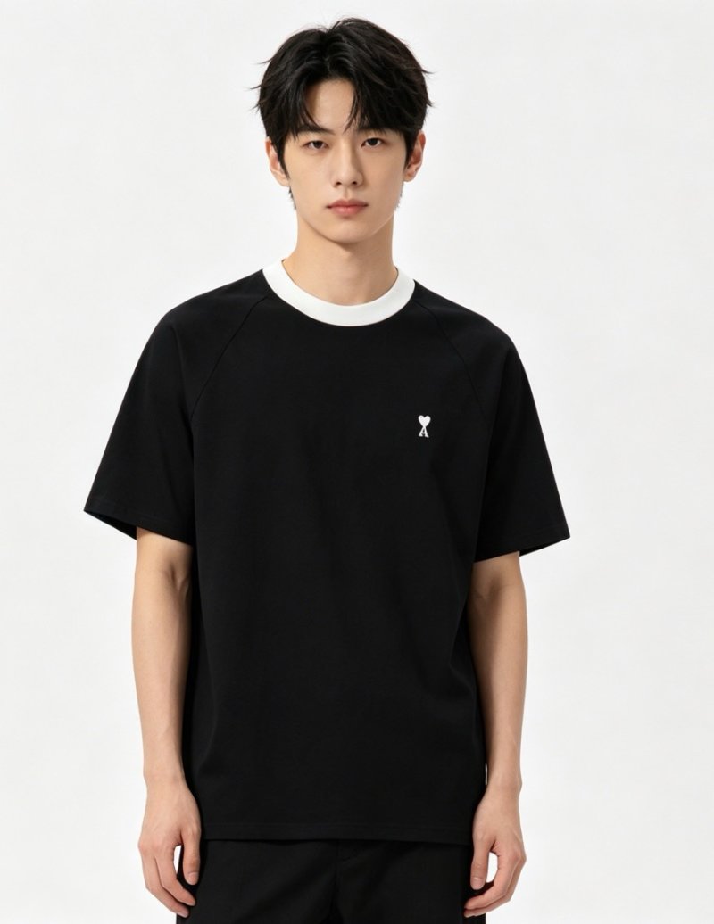 Ami Black Ringer T-Shirt with Heart Logo view