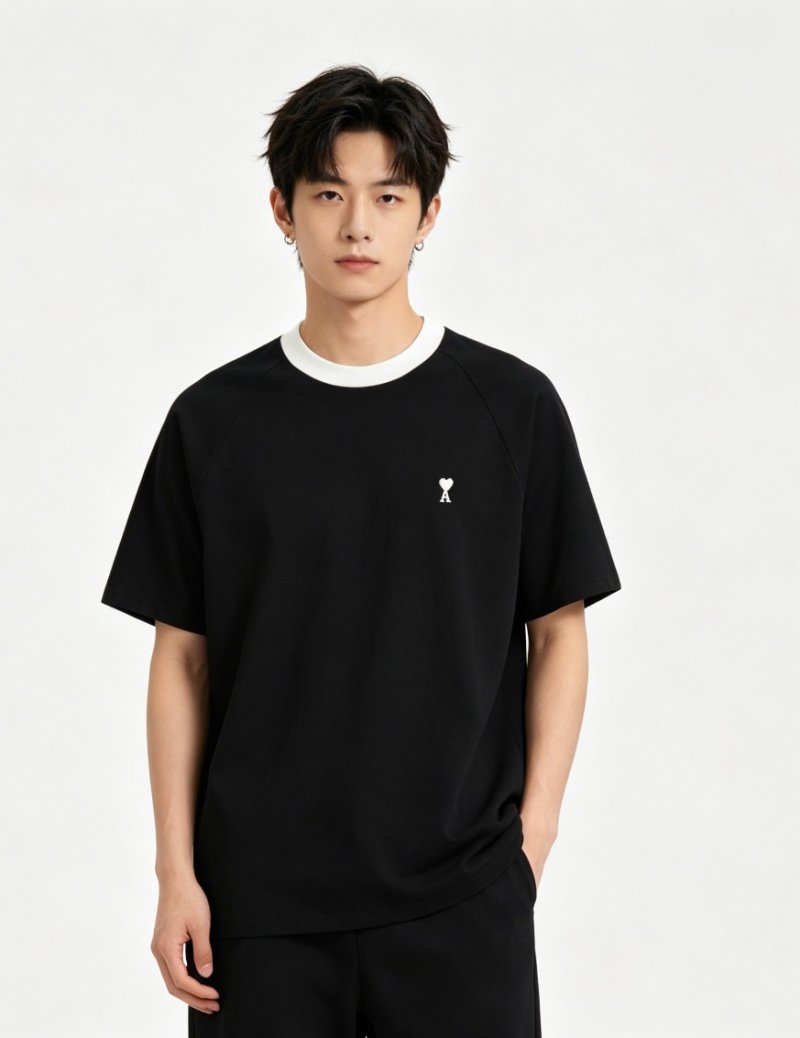 Ami Black Ringer T-Shirt with Heart Logo view
