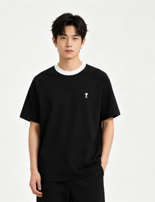 Ami Black Ringer T-Shirt with Heart Logo view 3
