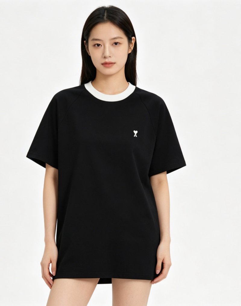 Ami Black Ringer T-Shirt with Heart Logo view
