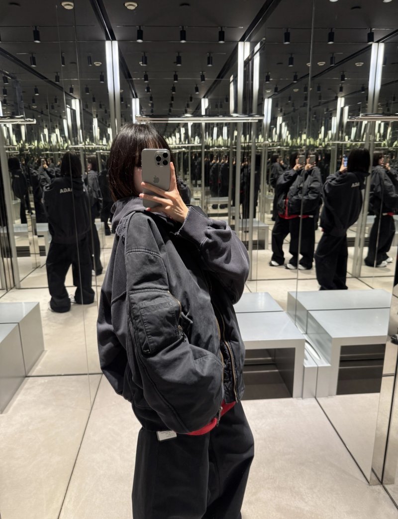 Black Oversized Puffer Jacket with Red Trim