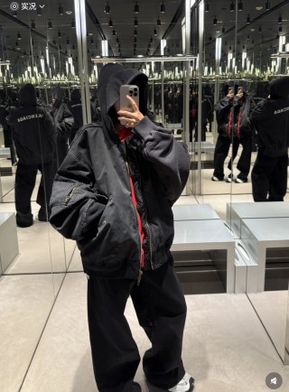 Black Oversized Puffer Jacket with Red Trim view 2