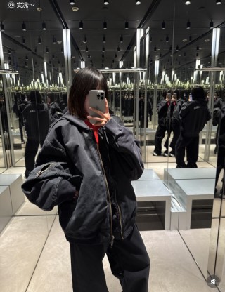 Black Oversized Puffer Jacket with Red Trim view 3