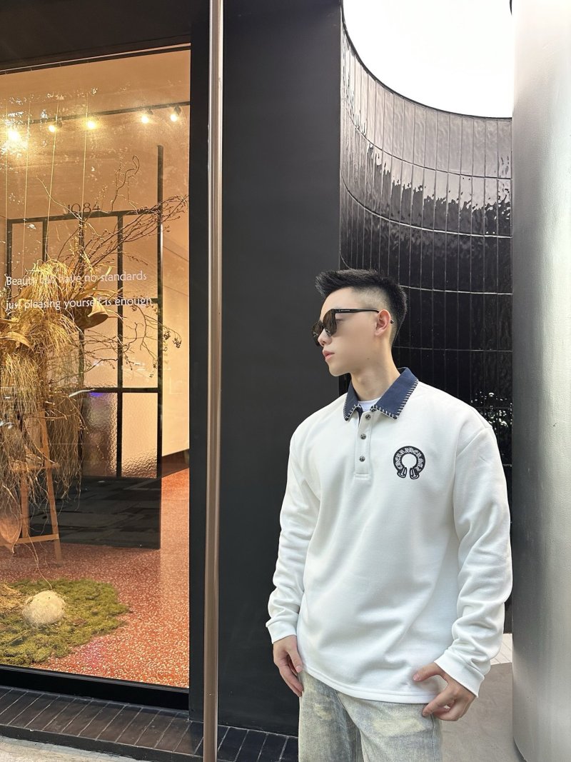 White Long Sleeve Polo Shirt with Denim Collar