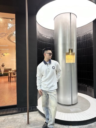 White Long Sleeve Polo Shirt with Denim Collar view 2