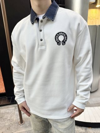 White Long Sleeve Polo Shirt with Denim Collar view 3
