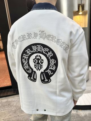 White Long Sleeve Polo Shirt with Denim Collar view 4