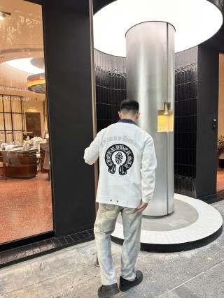White Long Sleeve Polo Shirt with Denim Collar view 5